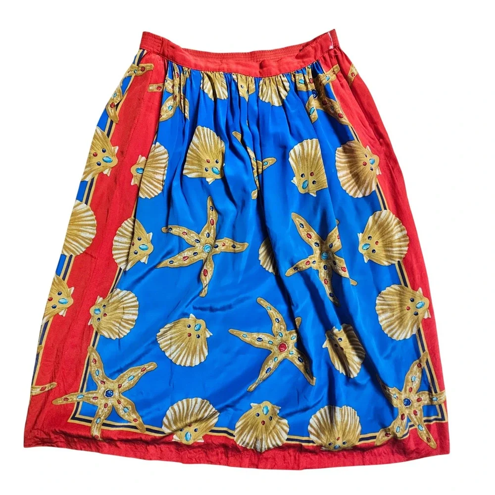 Vintage Anne Crimmins Silk Sea Shell Starfish Print Midi Skirt 27 Mermaidcore‎